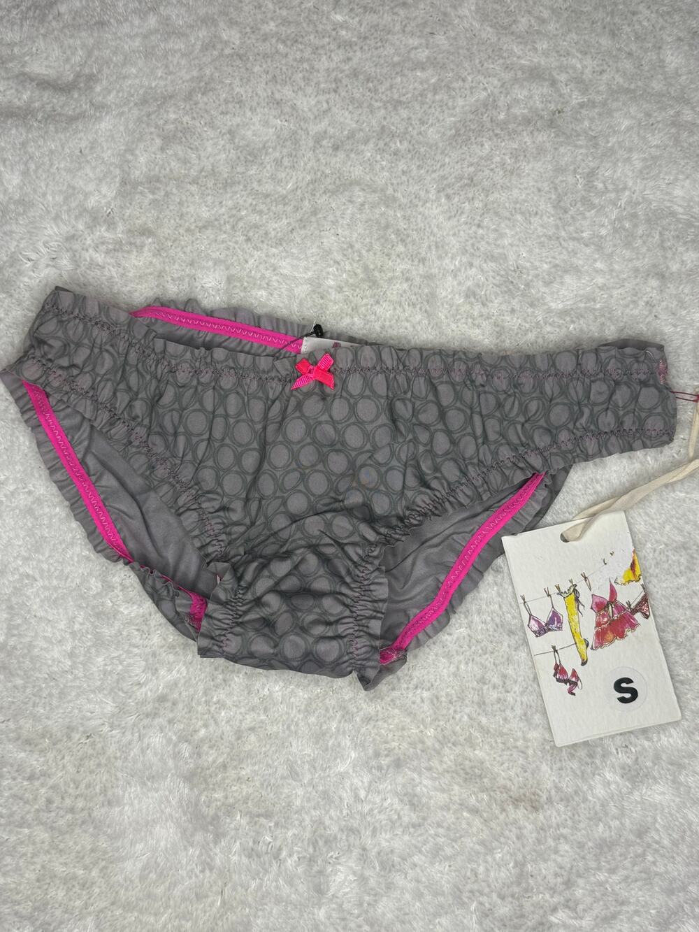NWT ART Gray Geometric Print Bikini Panty Pink Trim Size S Y2K Nylon